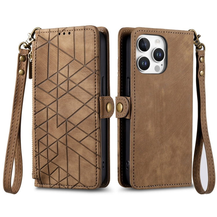 For iPhone 16 Pro Max Geometric Zipper Wallet Side Buckle Leather Phone Case
