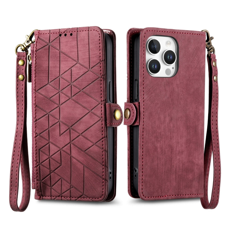 For iPhone 16 Pro Max Geometric Zipper Wallet Side Buckle Leather Phone Case
