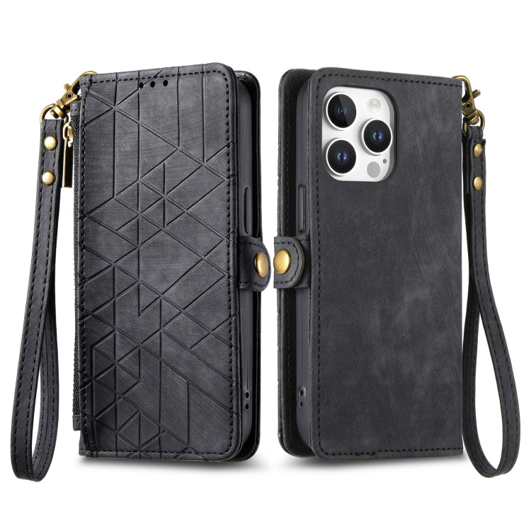 For iPhone 16 Pro Max Geometric Zipper Wallet Side Buckle Leather Phone Case