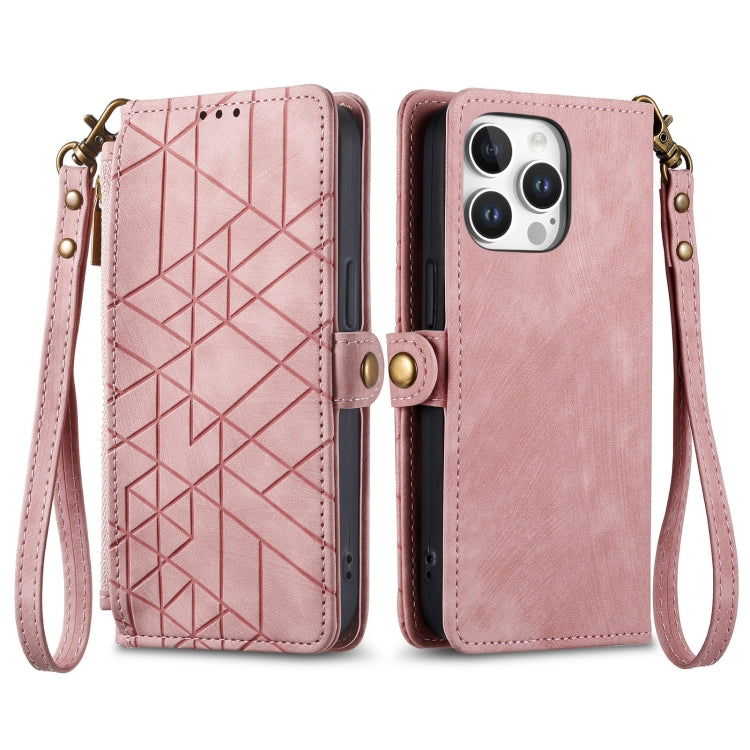 For iPhone 16 Pro Max Geometric Zipper Wallet Side Buckle Leather Phone Case