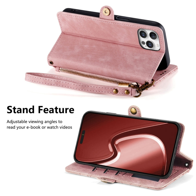For iPhone 16 Pro Max Geometric Zipper Wallet Side Buckle Leather Phone Case