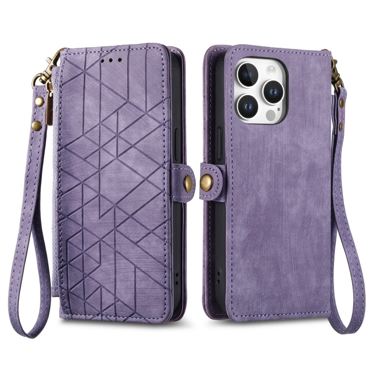 For iPhone 16 Pro Max Geometric Zipper Wallet Side Buckle Leather Phone Case