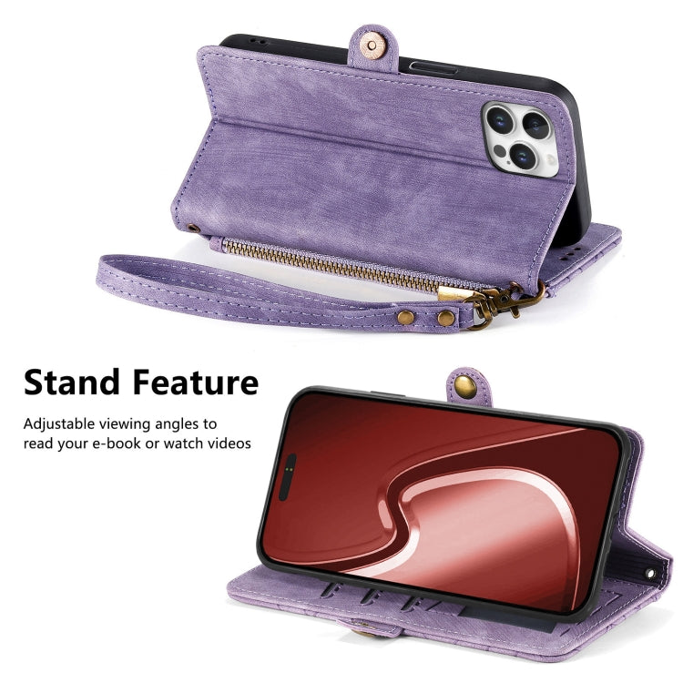 For iPhone 16 Pro Max Geometric Zipper Wallet Side Buckle Leather Phone Case