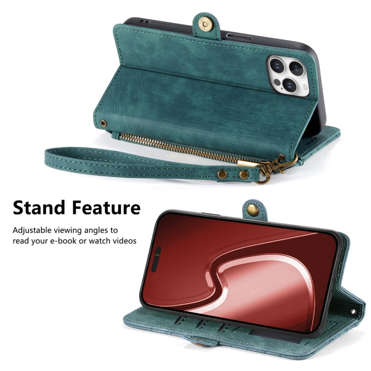For iPhone 16 Pro Max Geometric Zipper Wallet Side Buckle Leather Phone Case