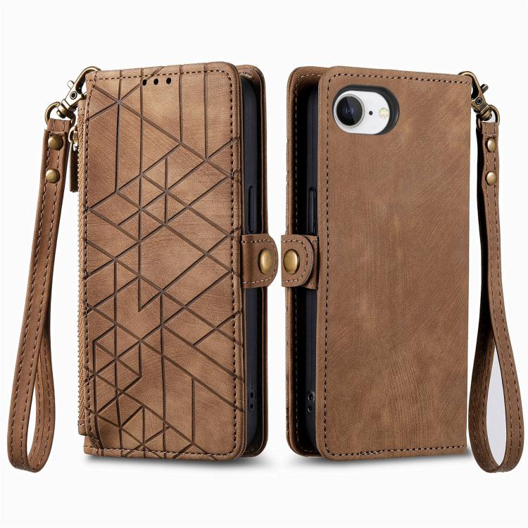 For iPhone 17e / 16e Geometric Zipper Wallet Side Buckle Leather Phone Case