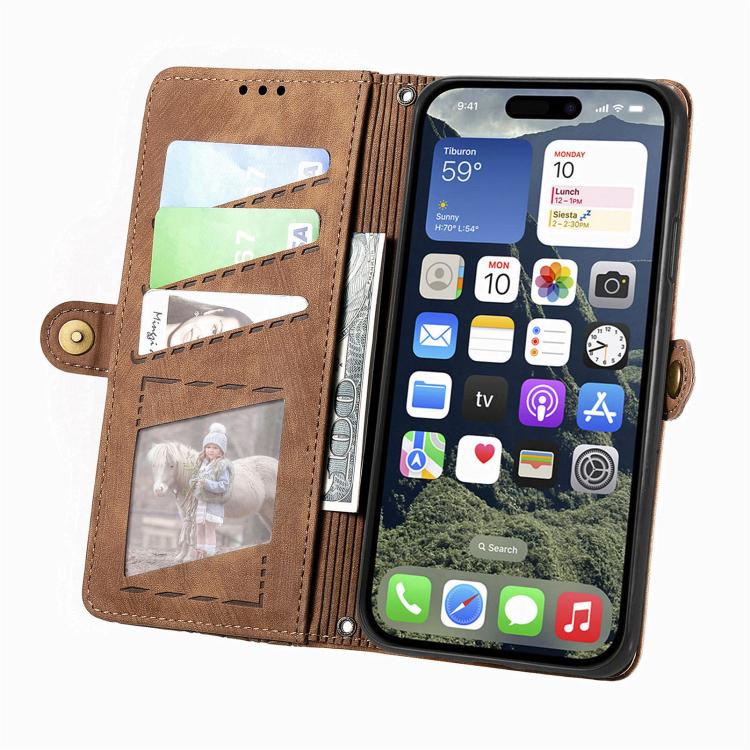 For iPhone 17e / 16e Geometric Zipper Wallet Side Buckle Leather Phone Case