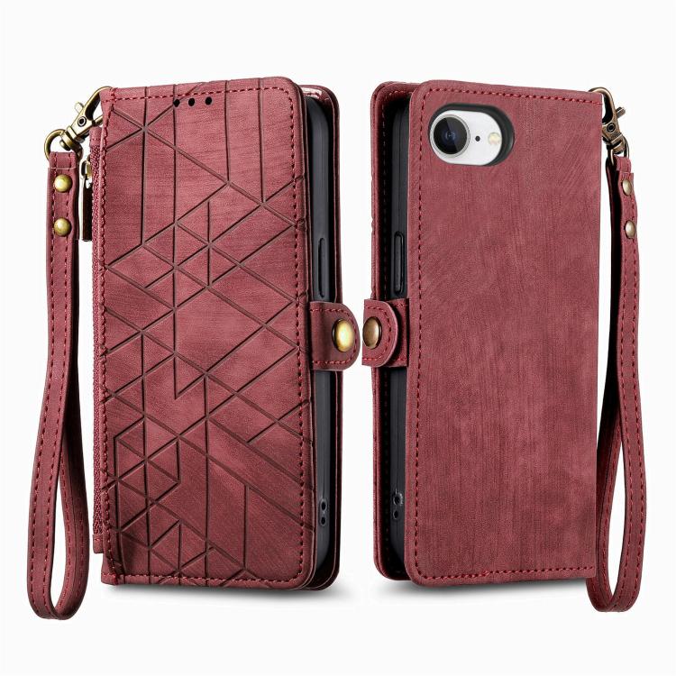 For iPhone 17e / 16e Geometric Zipper Wallet Side Buckle Leather Phone Case