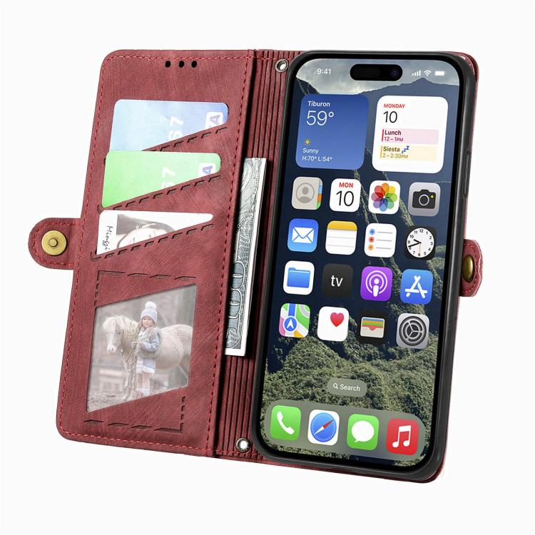 For iPhone 17e / 16e Geometric Zipper Wallet Side Buckle Leather Phone Case