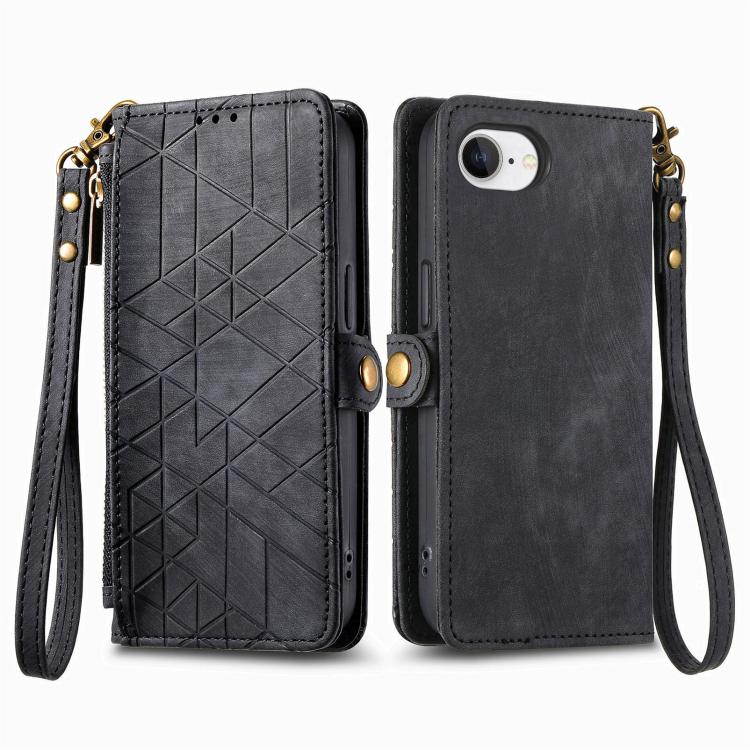 For iPhone 17e / 16e Geometric Zipper Wallet Side Buckle Leather Phone Case
