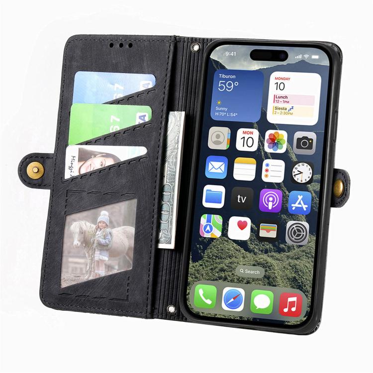 For iPhone 17e / 16e Geometric Zipper Wallet Side Buckle Leather Phone Case