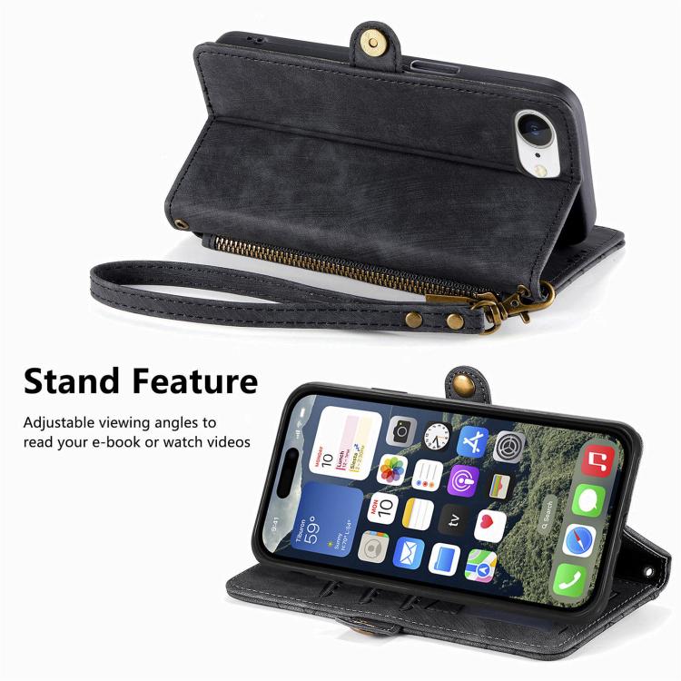 For iPhone 17e / 16e Geometric Zipper Wallet Side Buckle Leather Phone Case