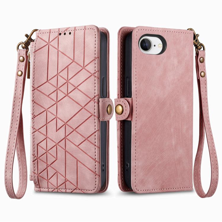 For iPhone 17e / 16e Geometric Zipper Wallet Side Buckle Leather Phone Case