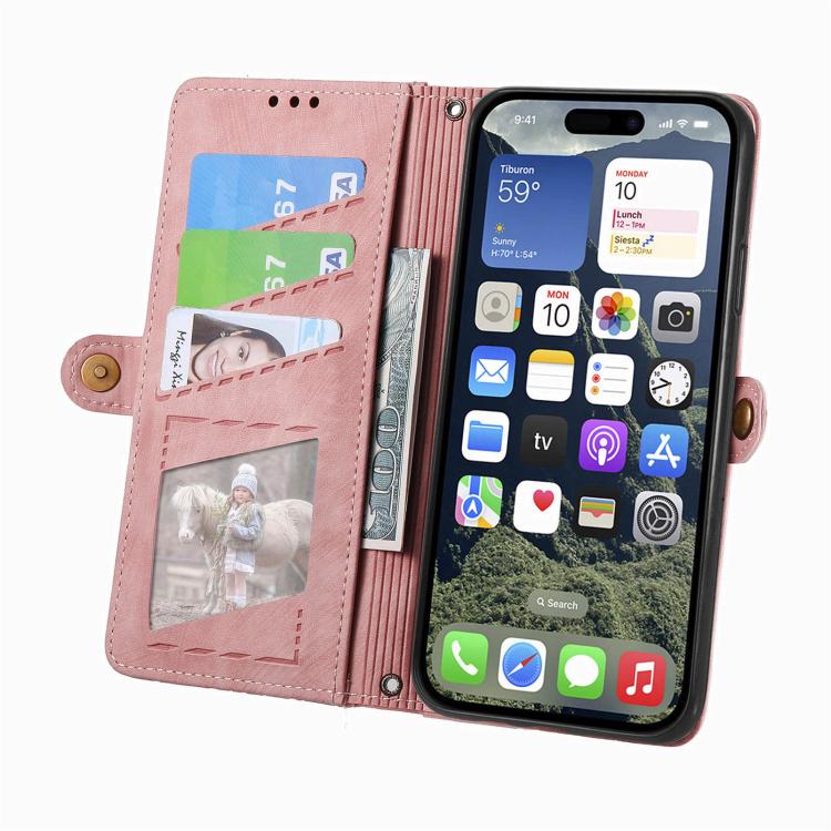 For iPhone 17e / 16e Geometric Zipper Wallet Side Buckle Leather Phone Case