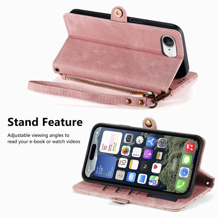 For iPhone 17e / 16e Geometric Zipper Wallet Side Buckle Leather Phone Case