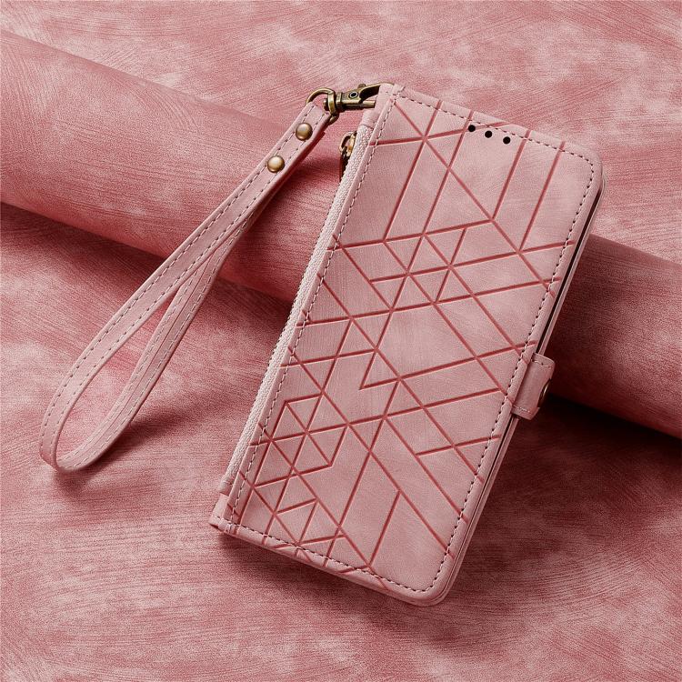 For iPhone 17e / 16e Geometric Zipper Wallet Side Buckle Leather Phone Case