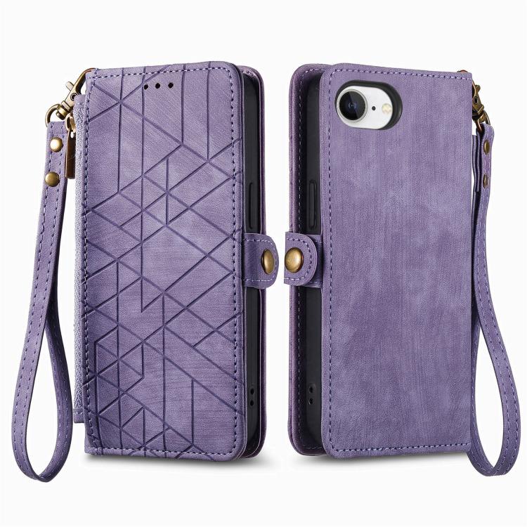 For iPhone 17e / 16e Geometric Zipper Wallet Side Buckle Leather Phone Case