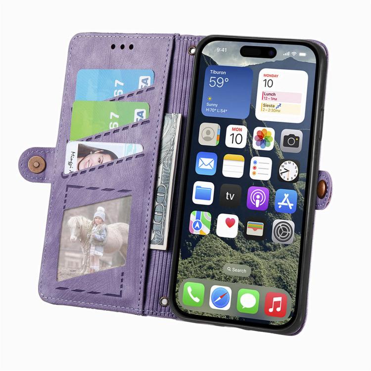 For iPhone 17e / 16e Geometric Zipper Wallet Side Buckle Leather Phone Case