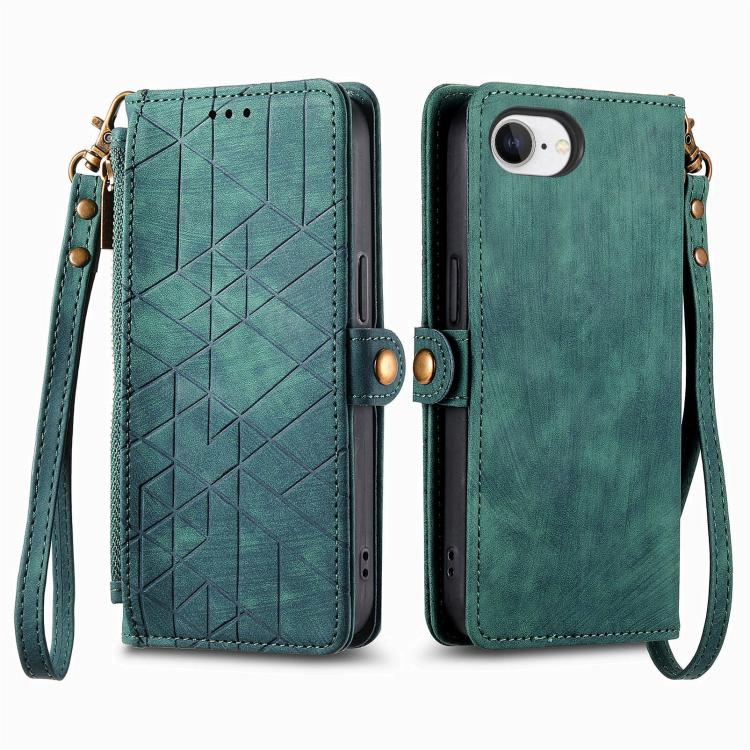 For iPhone 17e / 16e Geometric Zipper Wallet Side Buckle Leather Phone Case