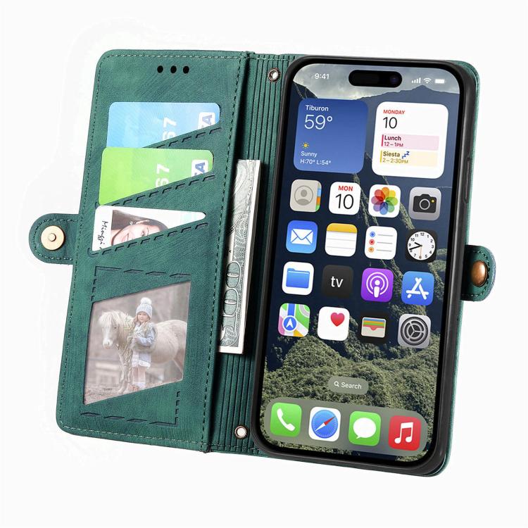 For iPhone 17e / 16e Geometric Zipper Wallet Side Buckle Leather Phone Case