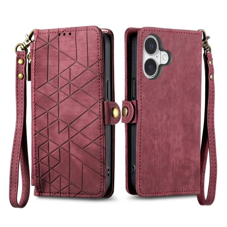 For iPhone 17 Geometric Zipper Wallet Side Buckle Leather Phone Case