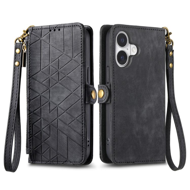 For iPhone 17 Geometric Zipper Wallet Side Buckle Leather Phone Case