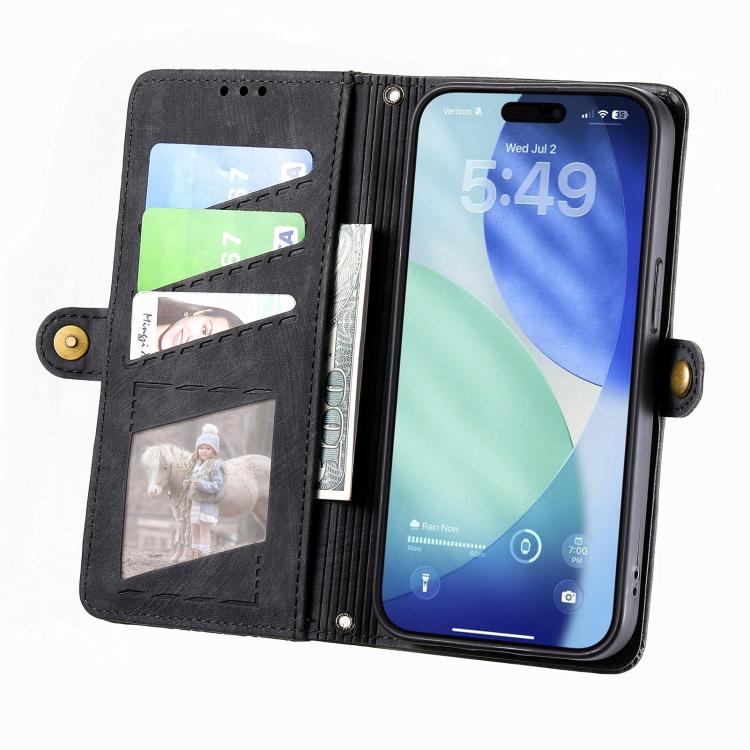 For iPhone 17 Geometric Zipper Wallet Side Buckle Leather Phone Case
