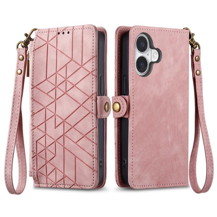 For iPhone 17 Geometric Zipper Wallet Side Buckle Leather Phone Case