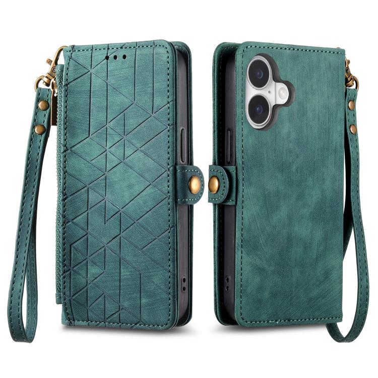 For iPhone 17 Geometric Zipper Wallet Side Buckle Leather Phone Case