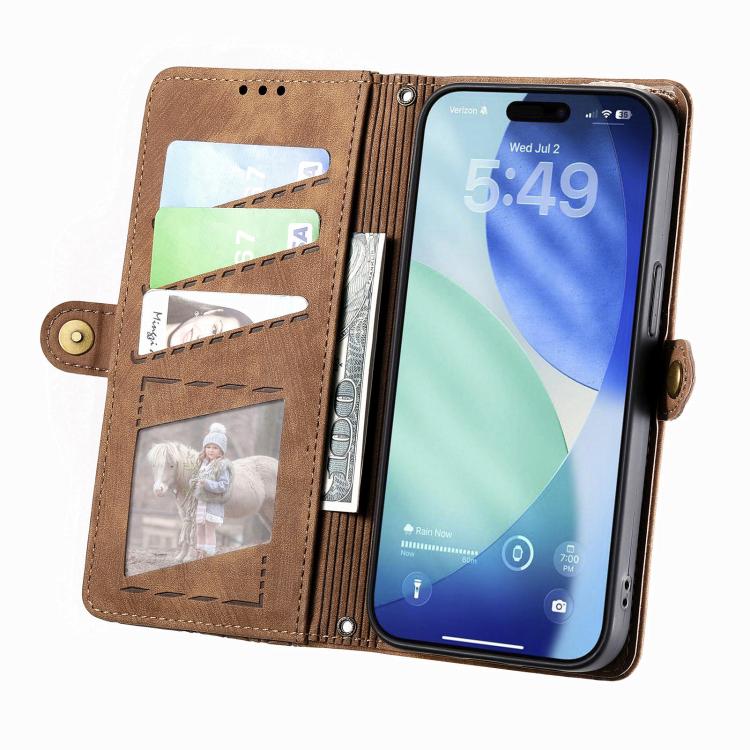 For iPhone 17 Pro Geometric Zipper Wallet Side Buckle Leather Phone Case