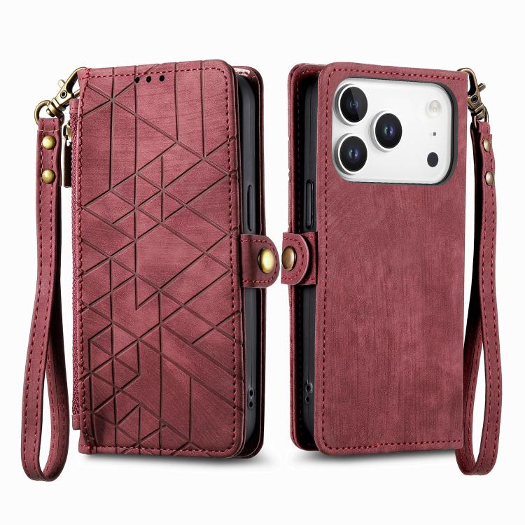 For iPhone 17 Pro Geometric Zipper Wallet Side Buckle Leather Phone Case