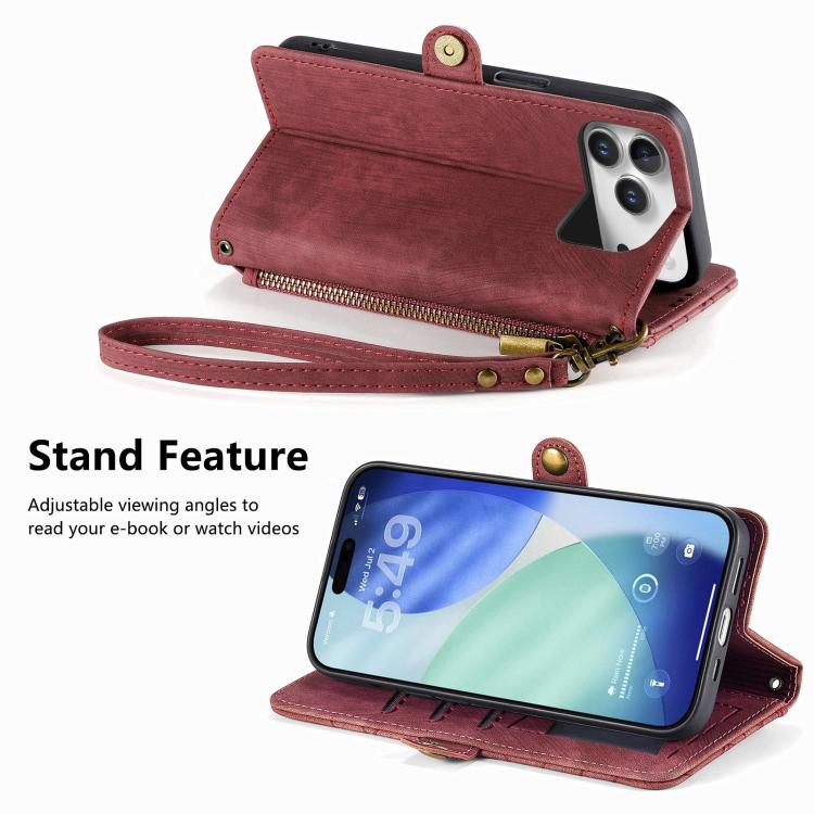 For iPhone 17 Pro Geometric Zipper Wallet Side Buckle Leather Phone Case