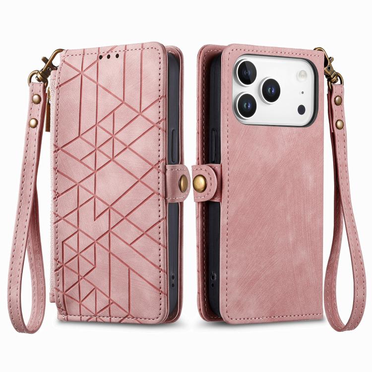 For iPhone 17 Pro Geometric Zipper Wallet Side Buckle Leather Phone Case