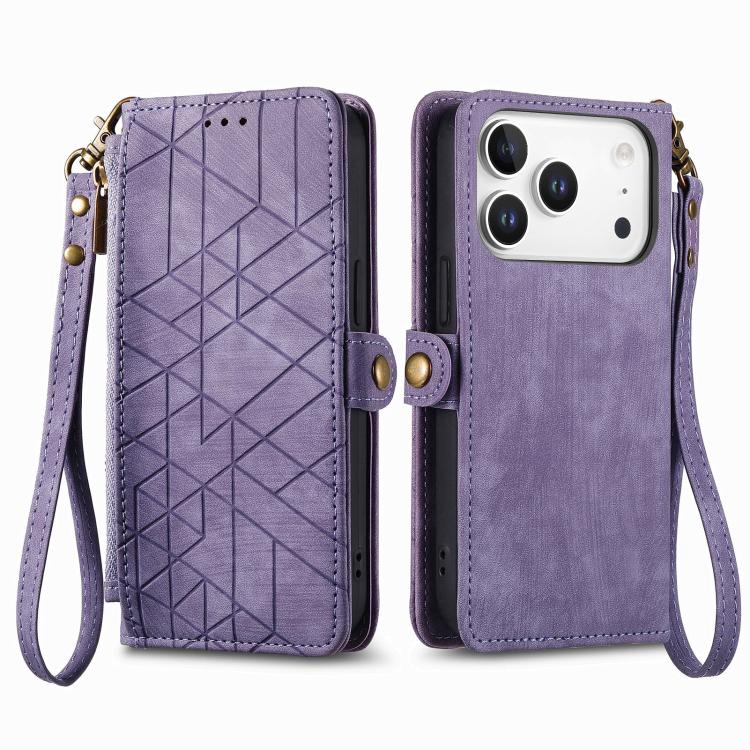 For iPhone 17 Pro Geometric Zipper Wallet Side Buckle Leather Phone Case