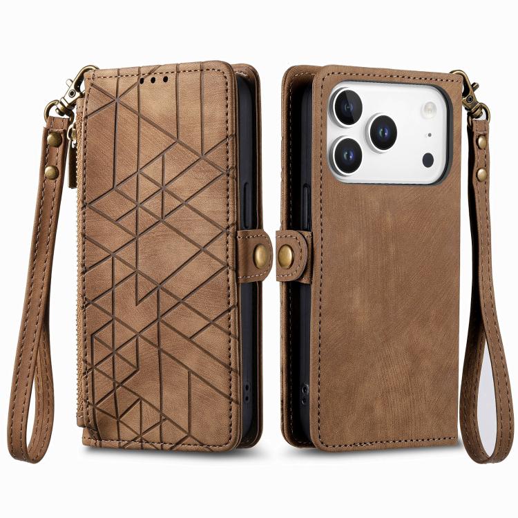 For iPhone 17 Pro Max Geometric Zipper Wallet Side Buckle Leather Phone Case