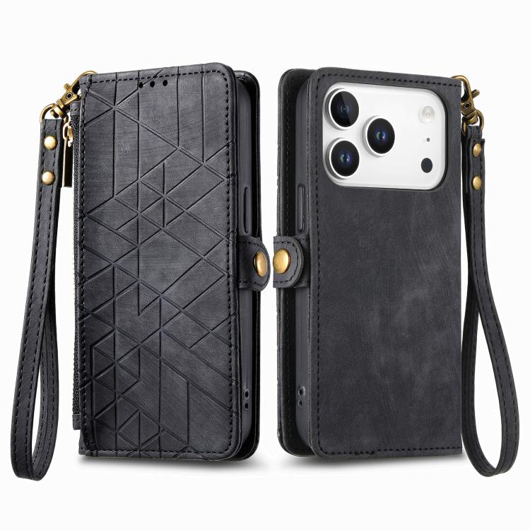 For iPhone 17 Pro Max Geometric Zipper Wallet Side Buckle Leather Phone Case