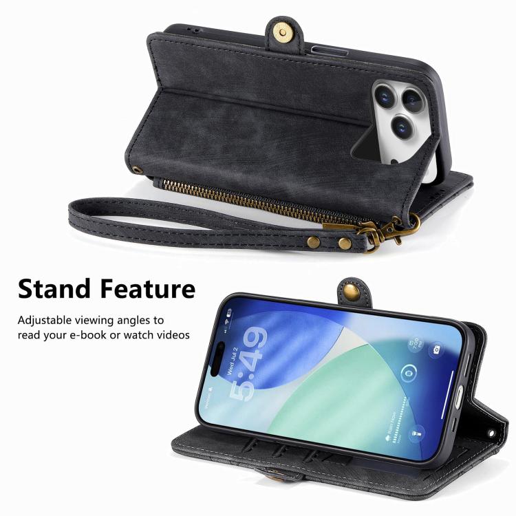 For iPhone 17 Pro Max Geometric Zipper Wallet Side Buckle Leather Phone Case
