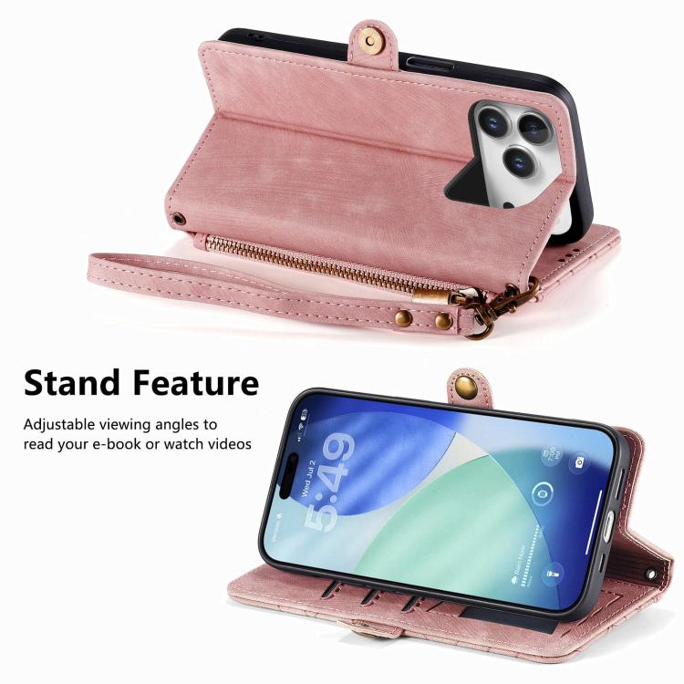 For iPhone 17 Pro Max Geometric Zipper Wallet Side Buckle Leather Phone Case