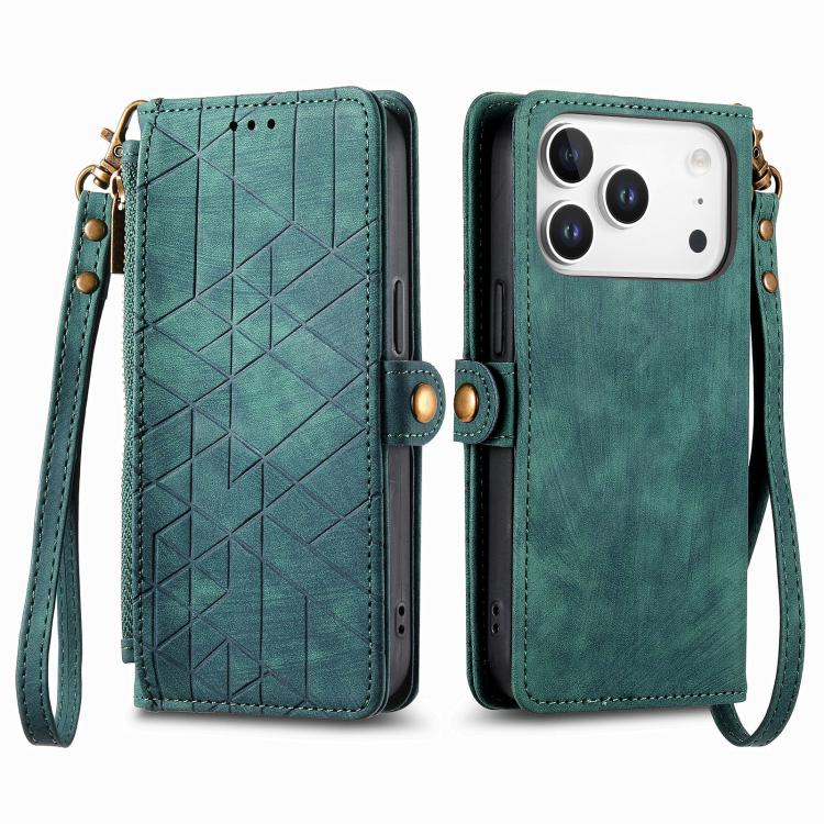 For iPhone 17 Pro Max Geometric Zipper Wallet Side Buckle Leather Phone Case