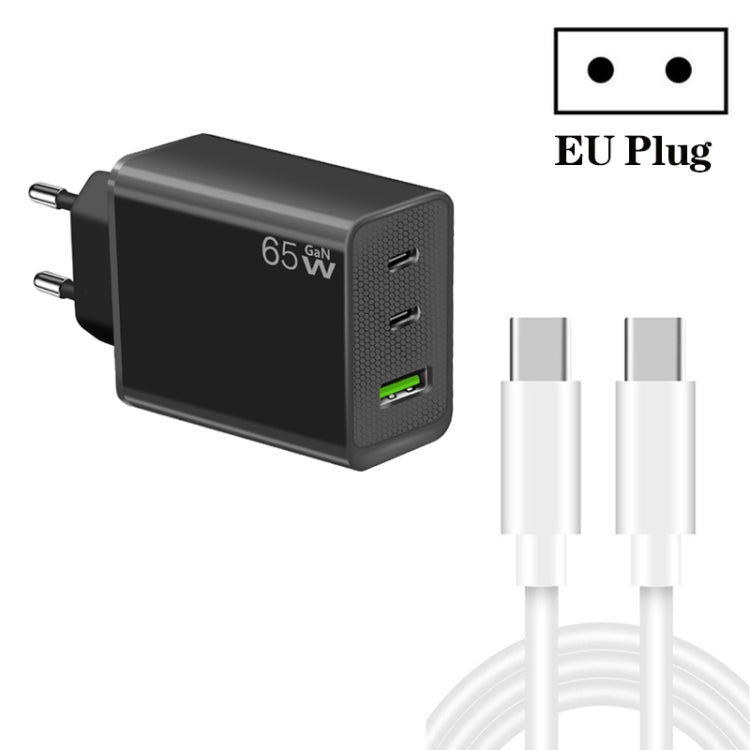 GaN PD65W Type-C x 2 + USB3.0 Charger with Type-C to Type-C Data Cable ,EU Plug