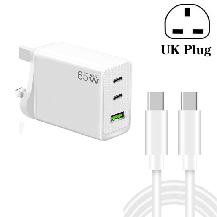 GaN PD65W Type-C x 2 + USB3.0 Charger with Type-C to Type-C Data Cable ,UK Plug