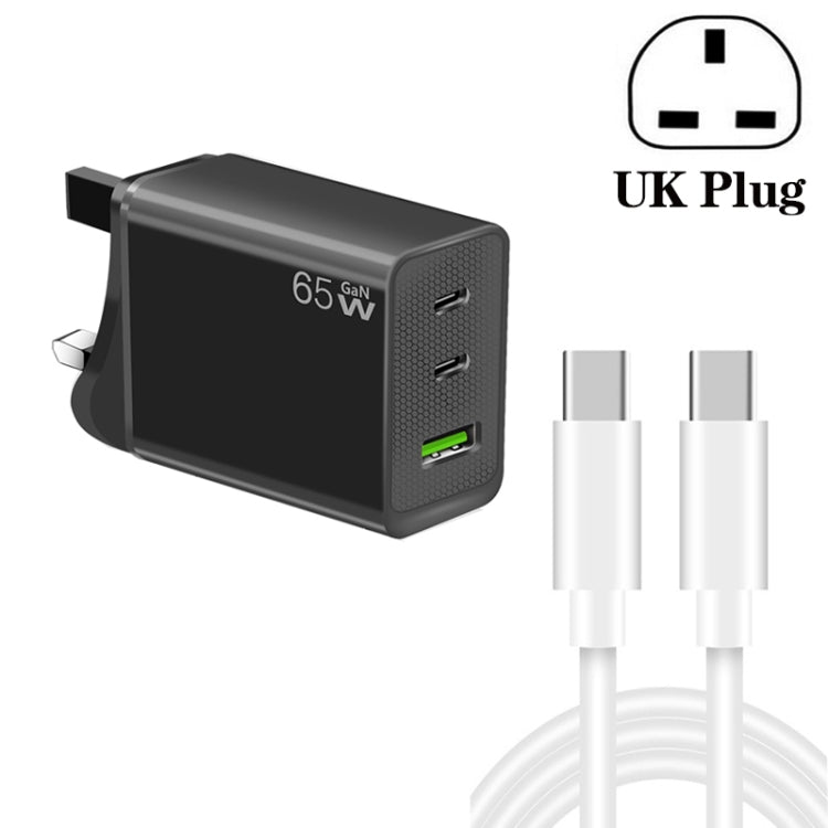GaN PD65W Type-C x 2 + USB3.0 Charger with Type-C to Type-C Data Cable ,UK Plug