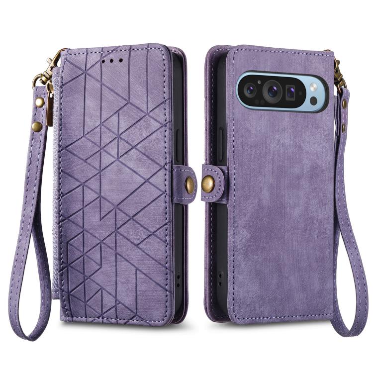 For Google Pixel 9 / 9 Pro Geometric Zipper Wallet Side Buckle Leather Phone Case