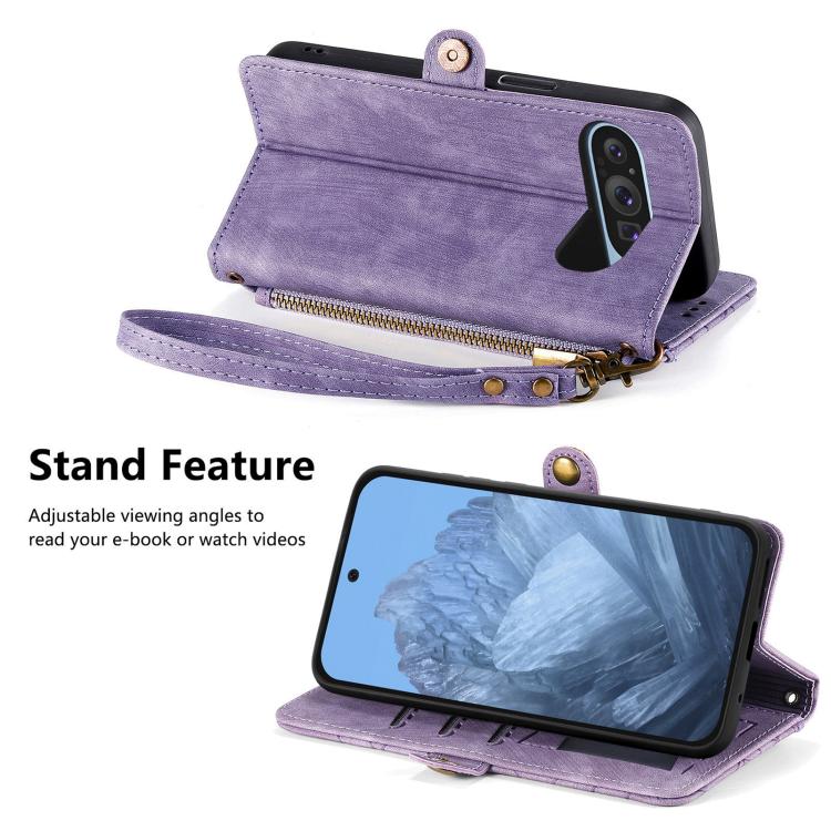 For Google Pixel 9 Pro XL Geometric Zipper Wallet Side Buckle Leather Phone Case