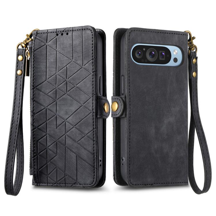 For Google Pixel 9 Pro XL Geometric Zipper Wallet Side Buckle Leather Phone Case