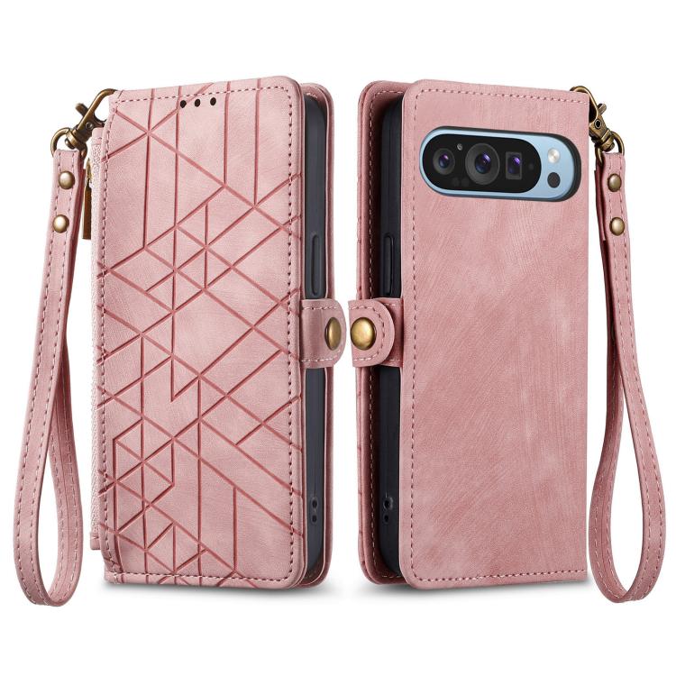 For Google Pixel 10 / 10 Pro Geometric Zipper Wallet Side Buckle Leather Phone Case
