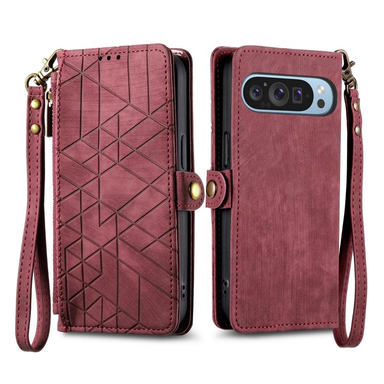 For Google Pixel 10 / 10 Pro Geometric Zipper Wallet Side Buckle Leather Phone Case