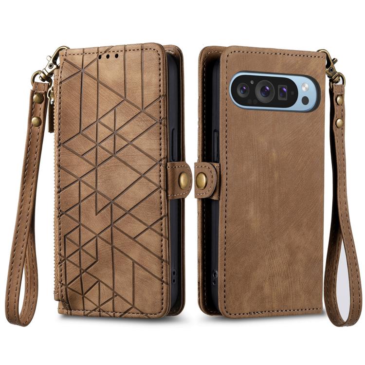 For Google Pixel 10 / 10 Pro Geometric Zipper Wallet Side Buckle Leather Phone Case