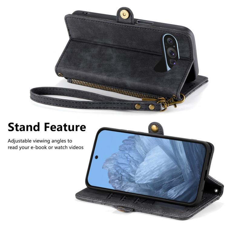 For Google Pixel 10 / 10 Pro Geometric Zipper Wallet Side Buckle Leather Phone Case