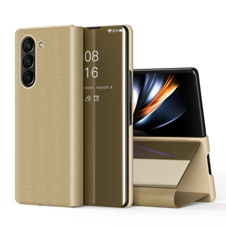 For Galaxy Z Fold6 Plated Mirror Horizontal Flip Leather Phone Case with Holder
