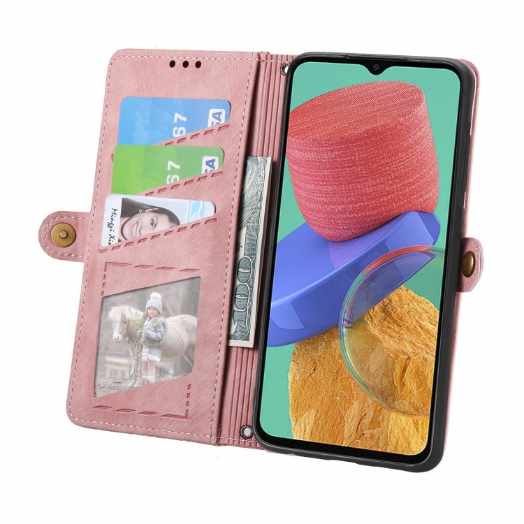 For Samsung Galaxy M33 Geometric Zipper Wallet Side Buckle Leather Phone Case